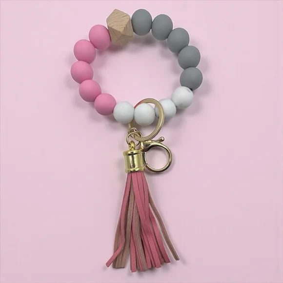 Beaded Silicone Keychain Bracelet Wristlet Pink Gray Marble with Tassel - Picture 3 of 3